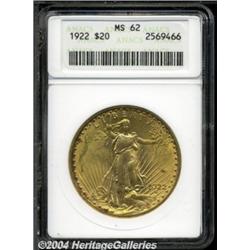 1922 $20 MS62 ANACS. Bright, satiny mint