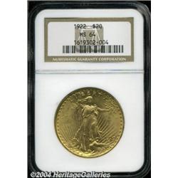 1922 $20 MS64 NGC. Soft, frosted luster with