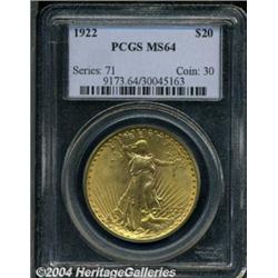 1922 $20 MS64 PCGS. Deep satiny luster with a
