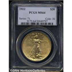 1922 $20 MS64 PCGS. Well struck and lustrous,