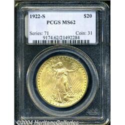 1922-S $20 MS62 PCGS. Boldly struck and fully