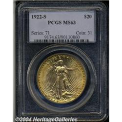 1922-S $20 MS63 PCGS. Lovely coloration, the