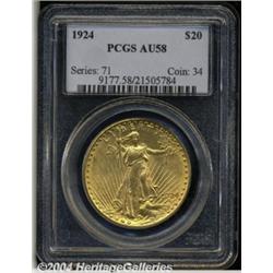 1924 $20 AU58 PCGS. Light rubbing shows on the