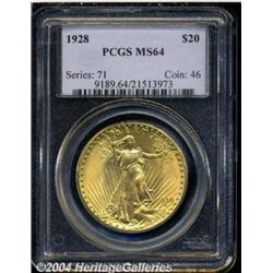 1928 $20 MS64 PCGS. Canary-gold over satiny