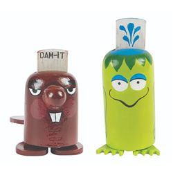 "Beaver" & "Frog" Hand-Painted Push-Down Toys.