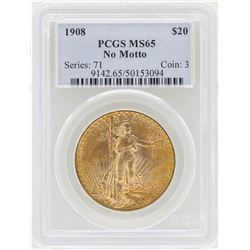 1908 No Motto $20 St. Gaudens Double Eagle Gold Coin PCGS MS65