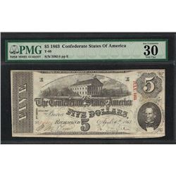 1863 $5 Confederate State of America Note T-60 PMG Very Fine 30