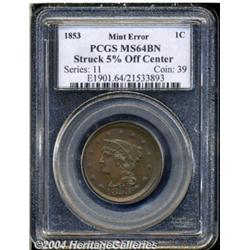 1853 1C Large Cent--Struck 5% Off Center--MS64