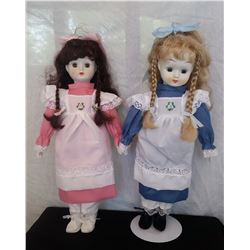 Blue & pink dolls w/ porcelain head & hands,16 ½" t, unmarked