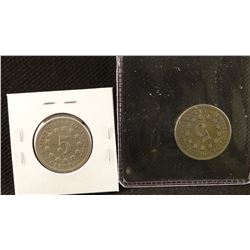 2 coins: 1868 P and 1869 P Shield nickels, both extra fine