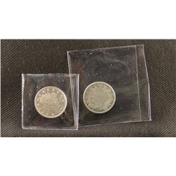 2 - 1883 P Liberty Head nickels, no "cents", fine