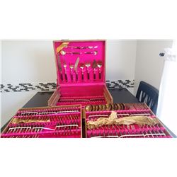 Vintage bronze & teakwood 12 piece flatware set, 140 pcs in orig. case, condition. Set Contains 12 e