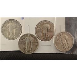 4 Standing Liberty quarters, 1925 P, 1929 P, 1923 P, 1929 S, extra fine