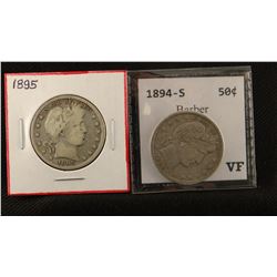 2 Barber half dollars, 1894 S and 1895 P, both extra fine