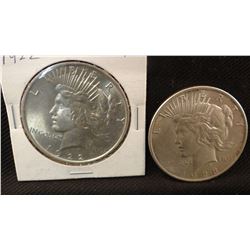 2 Peace dollars, 1928 P and 1922 P, both extra fine