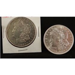 2 Morgan dollars, 1921 D extra fine and 1921 P uncirc.