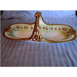 3 Limoges dishes: gold trimmed, 13 1/2";  pot w/lid, 5" w x 4" h and 13" celery