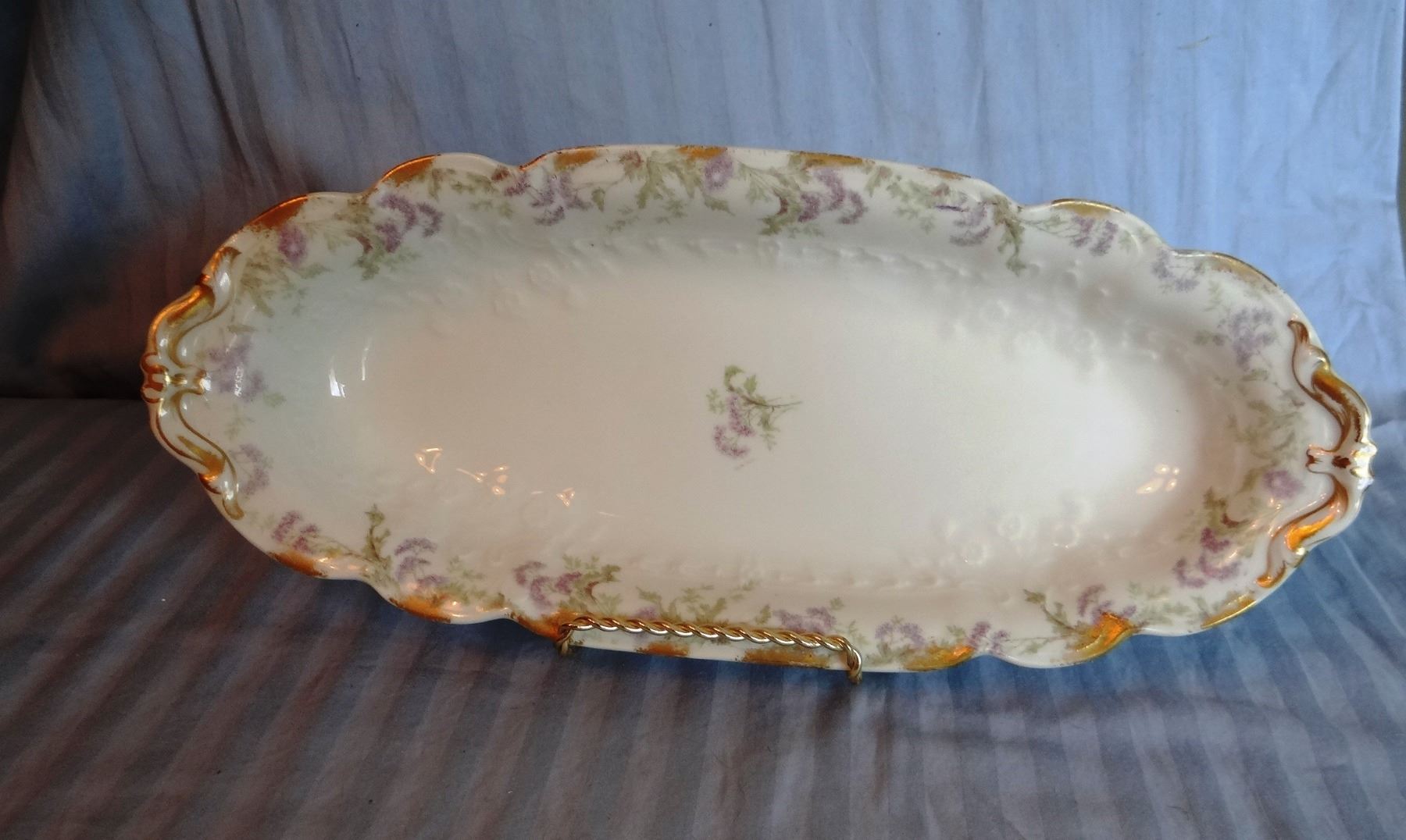 3 Limoges dishes gold trimmed, 13 1/2"; pot w/lid, 5" w x 4" h and 13