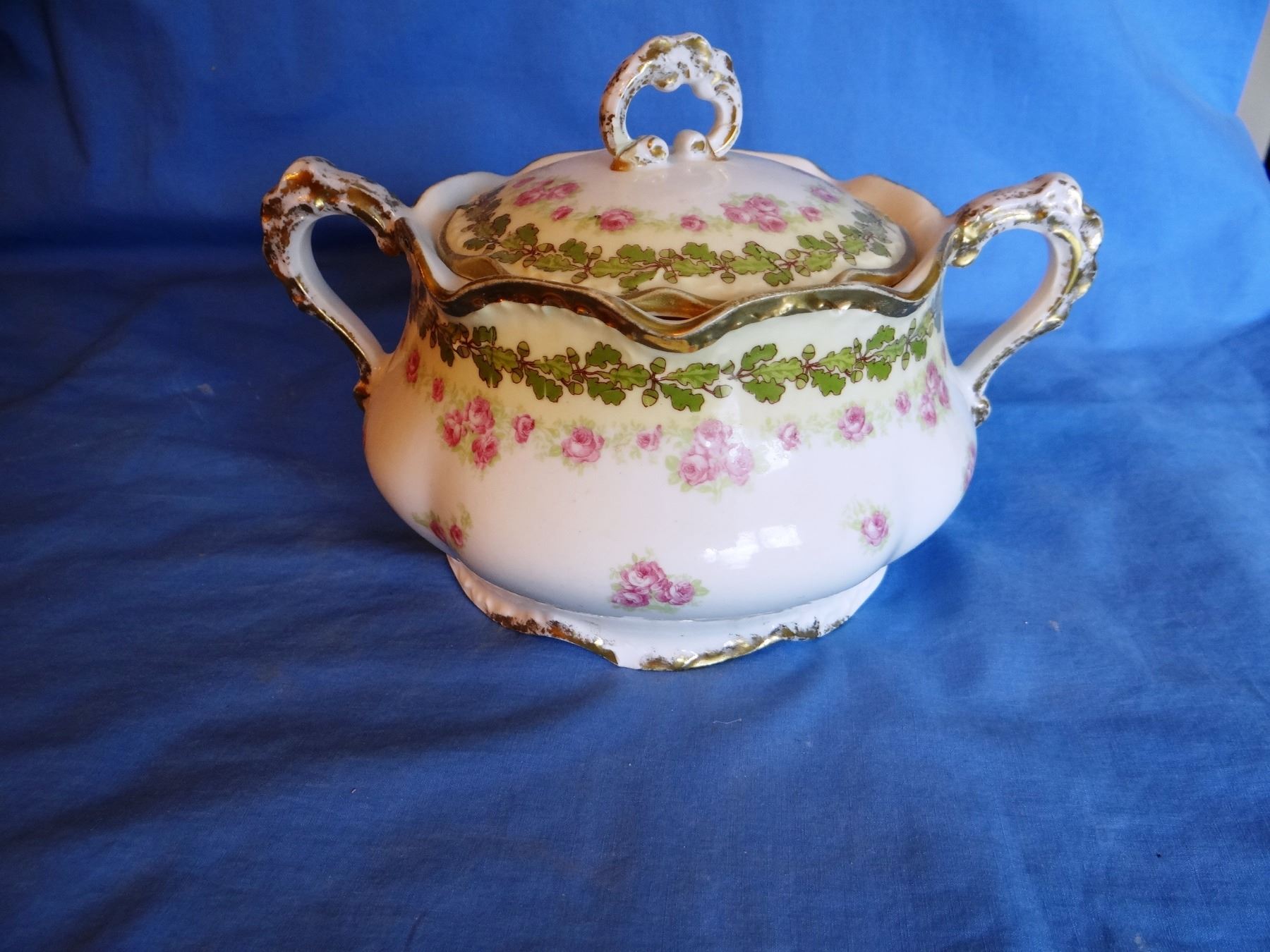 3 Limoges dishes gold trimmed, 13 1/2"; pot w/lid, 5" w x 4" h and 13