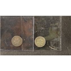2 - Three cent silver coins, 1852 and 1853, both fine