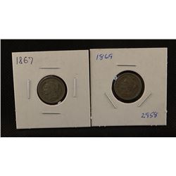 2 - Three cent nickel coins, 1869 and 1867, both extra fine
