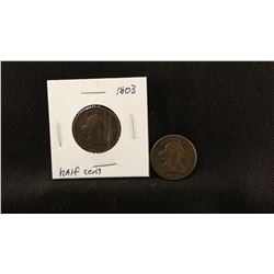 2 - Draped Liberty Bust half cents, 1803 and 1808, vg and fine