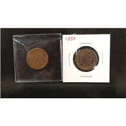 2 Braided Hair half cents, 1851 and 1853, extra fine and fine