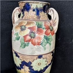 Vintage floral pottery vase with handles 13" high