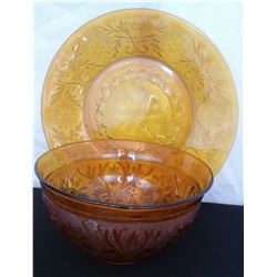 Anchor Hocking amber bowl and plate. Bowl is 9" W, Plate is 12". Amber Fostoria snack tray with hand
