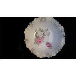 R S Prussia bowl. Ca 1905-1910, green wreath with red writing stamped #34. Rose print with scalloped