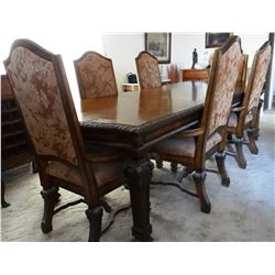 Mediterranean-style 106" dining table with 6 chairs w/padded seats, nice