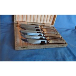 Sheffield stag horn handle steak knife set, cased