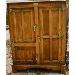 Large oak ice box, twin front doors and rare rear door