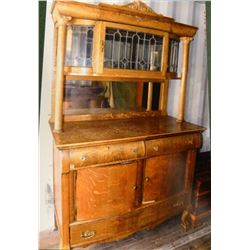 Fancy oak buffet, twin pillars, leaded glass doors, claw feet