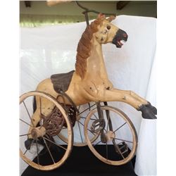 Child's plaster horse tricycle (Victorian Velocipede) 21" l x 23" h, wood wheels, real horse hair ta