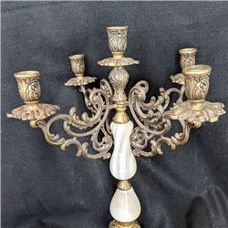 Brass and marble candelabra 18" and Pair of solid brass candle sticks, 9" tall.