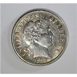 1907-S BARBER DIME, AU/UNC SCARCE
