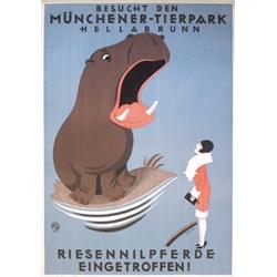 325 ORIGINAL Old Zoo Poster 1930s Hippo - Great Image