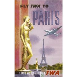 336 ORIGINAL TWA Airline Poster Paris Statue David Klein 1950s