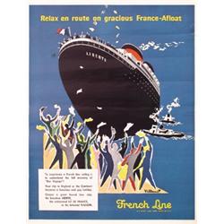 380 ORIGINAL French Line Ship Travel Poster 1950s VILLEMOT