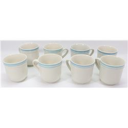 8PC STONEWARE CUPS - WHITE W/ BLUE RIMS.