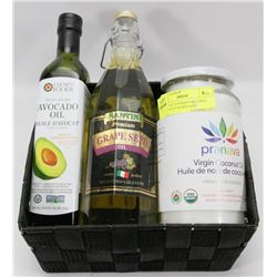 BASKET OF GOURMET OILS INCL COCONUT, AVOCADO AND