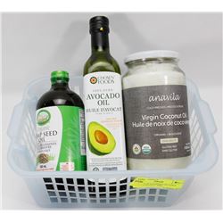BASKET OF GOURMET OILS INCL HEMP, COCONUT AND