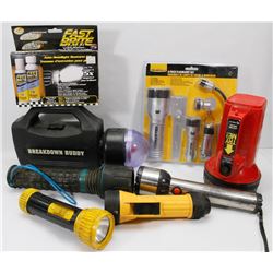 BOX OF ASSORTED FLASHLIGHTS INCL BREAKDOWN BUDDY