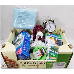 FLAT OF HOUSEHOLD ITEMS INCLUDING HANGERS,