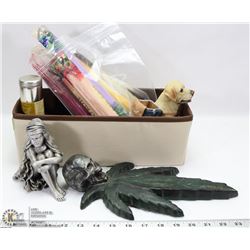 SMALL FABRIC BOX FULL OF INCENSE AND KNICK KNACKS