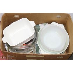 ESTATE BOX OF CORNINGWARE AND OTHER GLASS SERVING/