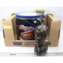 LOT WITH COLLECTIBLE TINS AND CARVED WOOD BUST