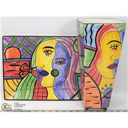 FLAT WITH PAINTED VASE AND MATCHING PLATTER.