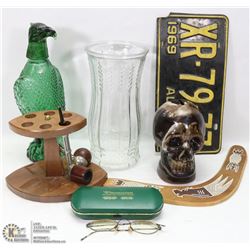 BOX WITH E.O BRODY WHEAT STALK VASE, GREEN GLASS